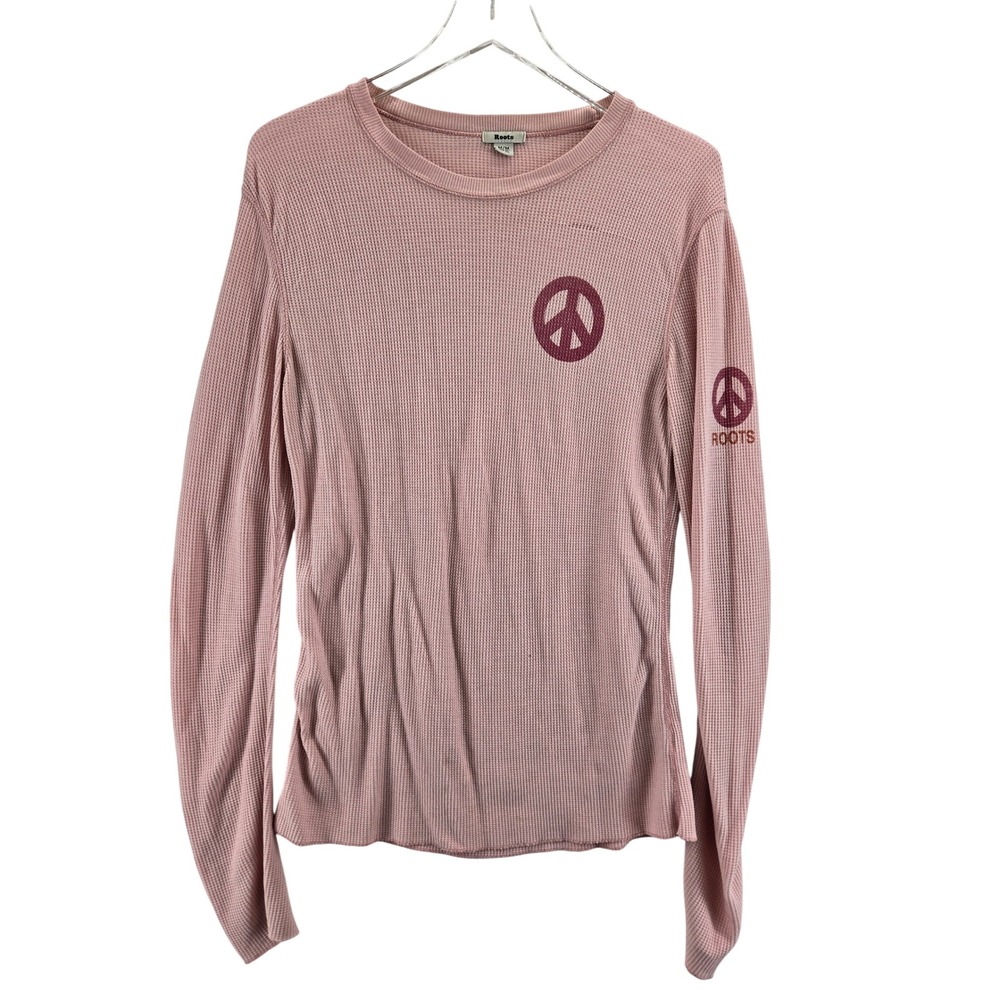 Roots Pink Waffle Knit Peace & Love Graphic Long Sleeve Thermal Top Womens M